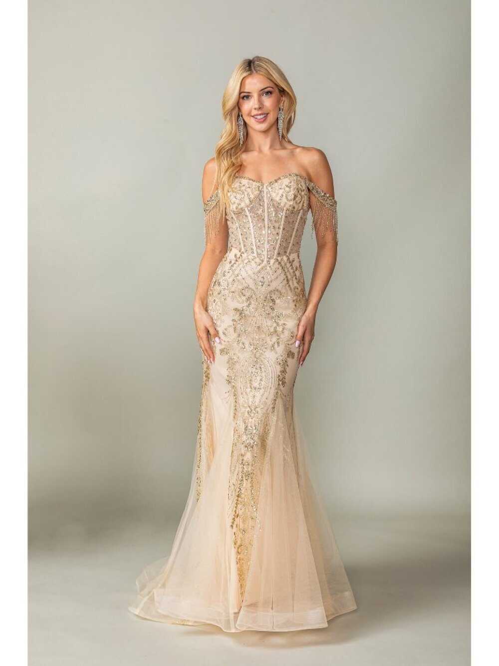 NEW GOLD Evening Gown Floor Length Formal Elegant Stunning 4365